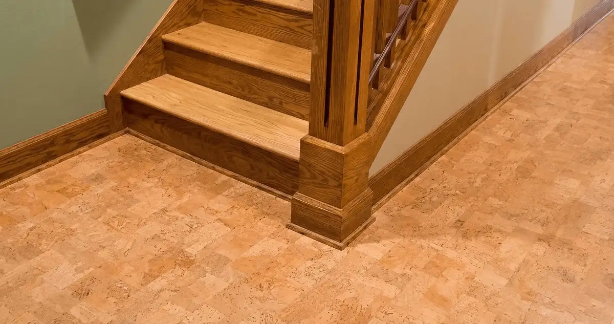 End of a staircase with cork flooring in Providence, RI