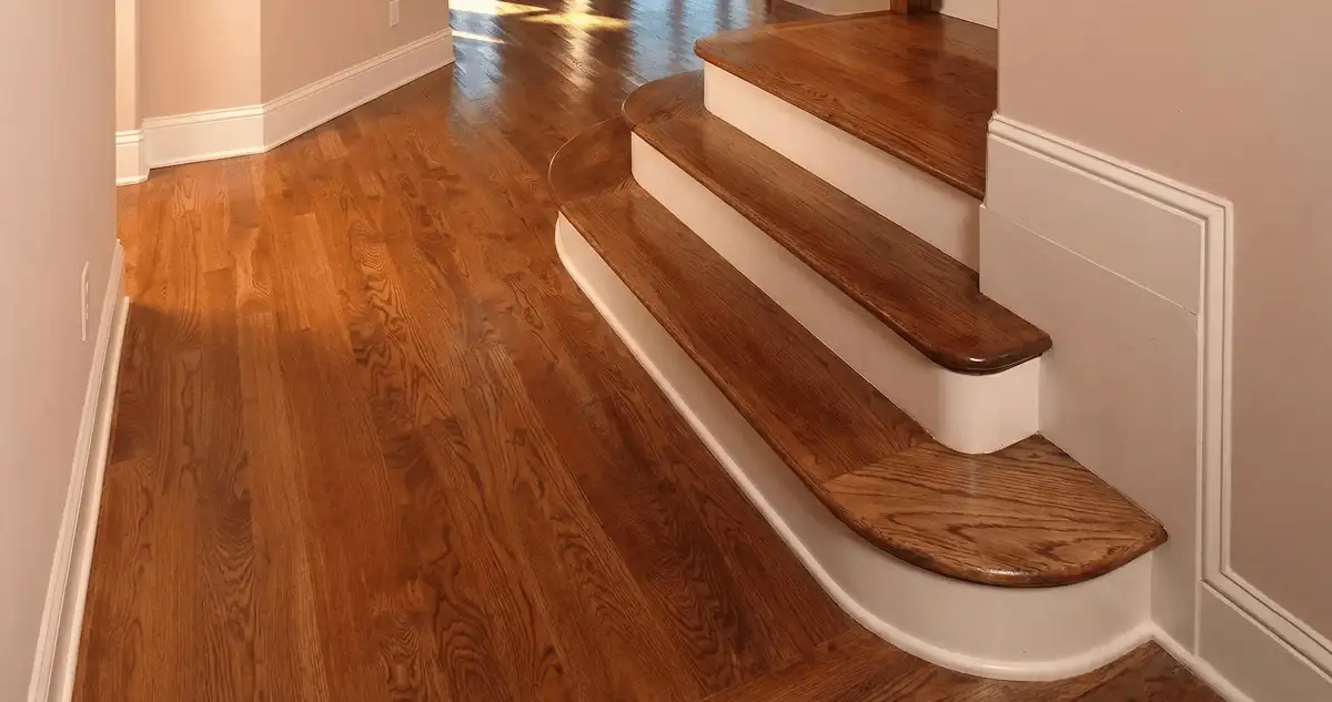 Base floor of a staircase with professionally restored wood flooring in Providence RI