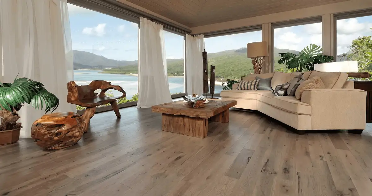 Professionally installed vinyl flooring in a modern living room with large windows in Providence, RI